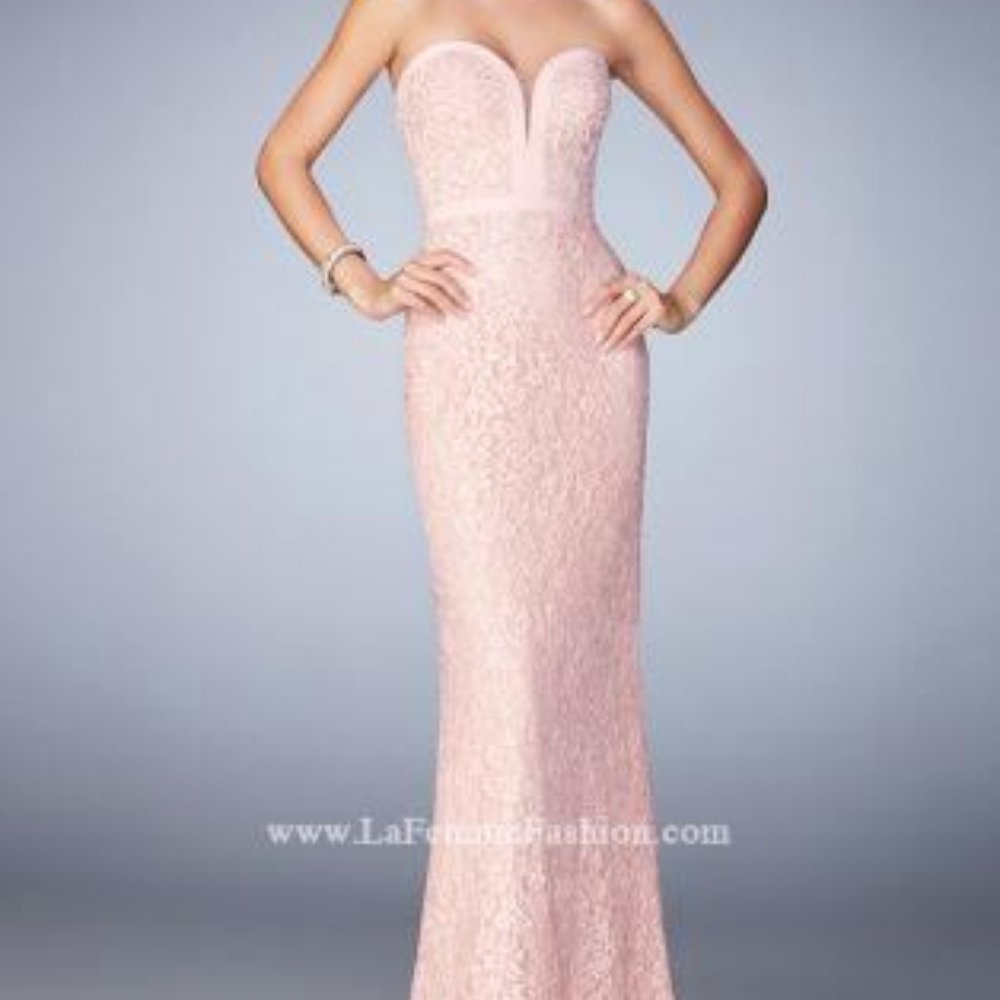 La Femme Lace Prom Dress with Scattered Rhinestones